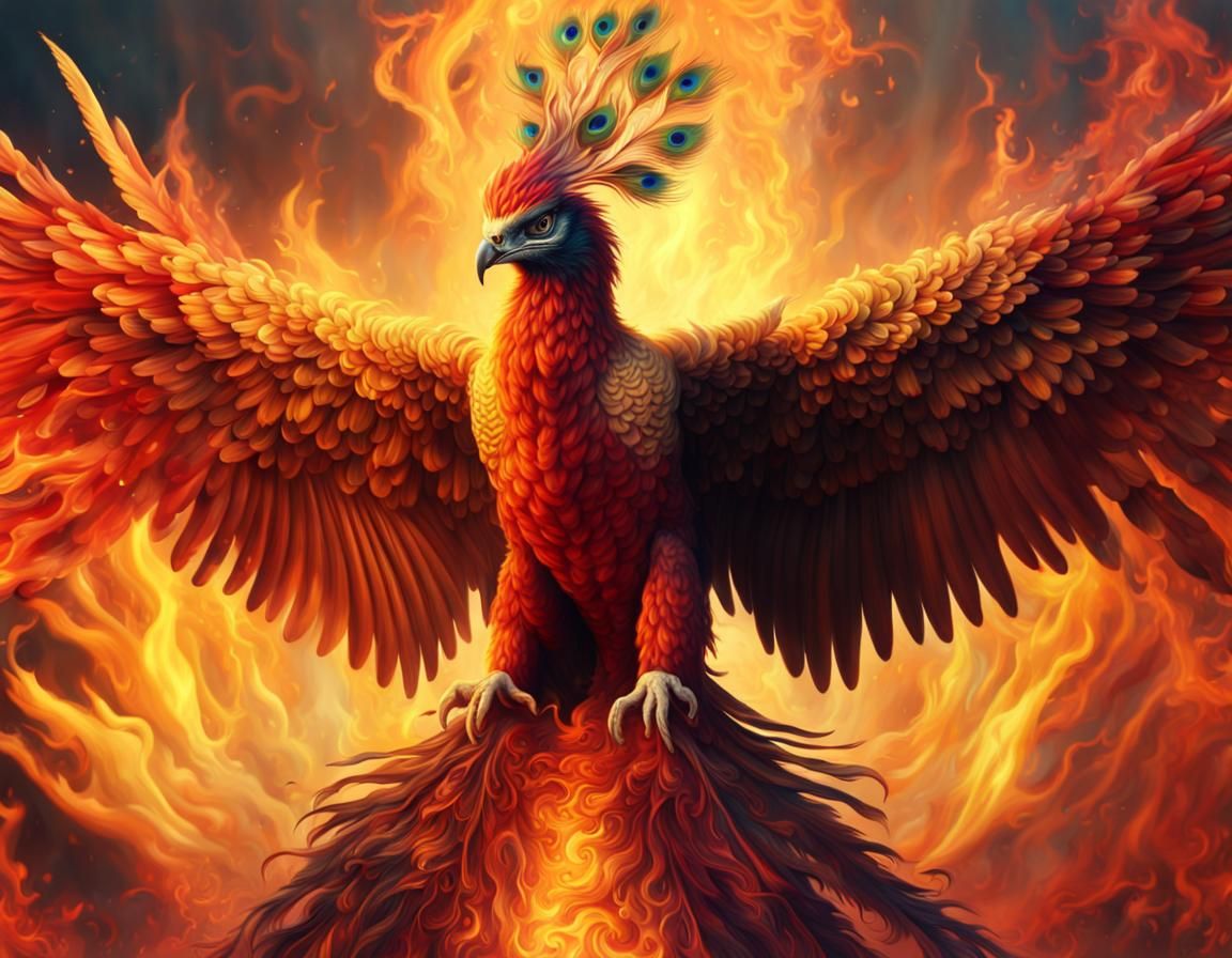 Fiery Phoenix with Peacock Tail in Digital Painting