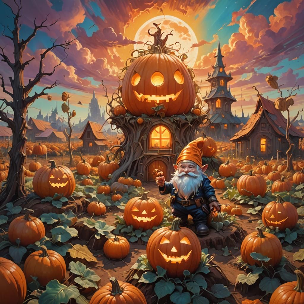 Gnome in that pumpkin patch making  preparation for Halloween. heavenly sunshine beams divine bright soft focus holy in ...