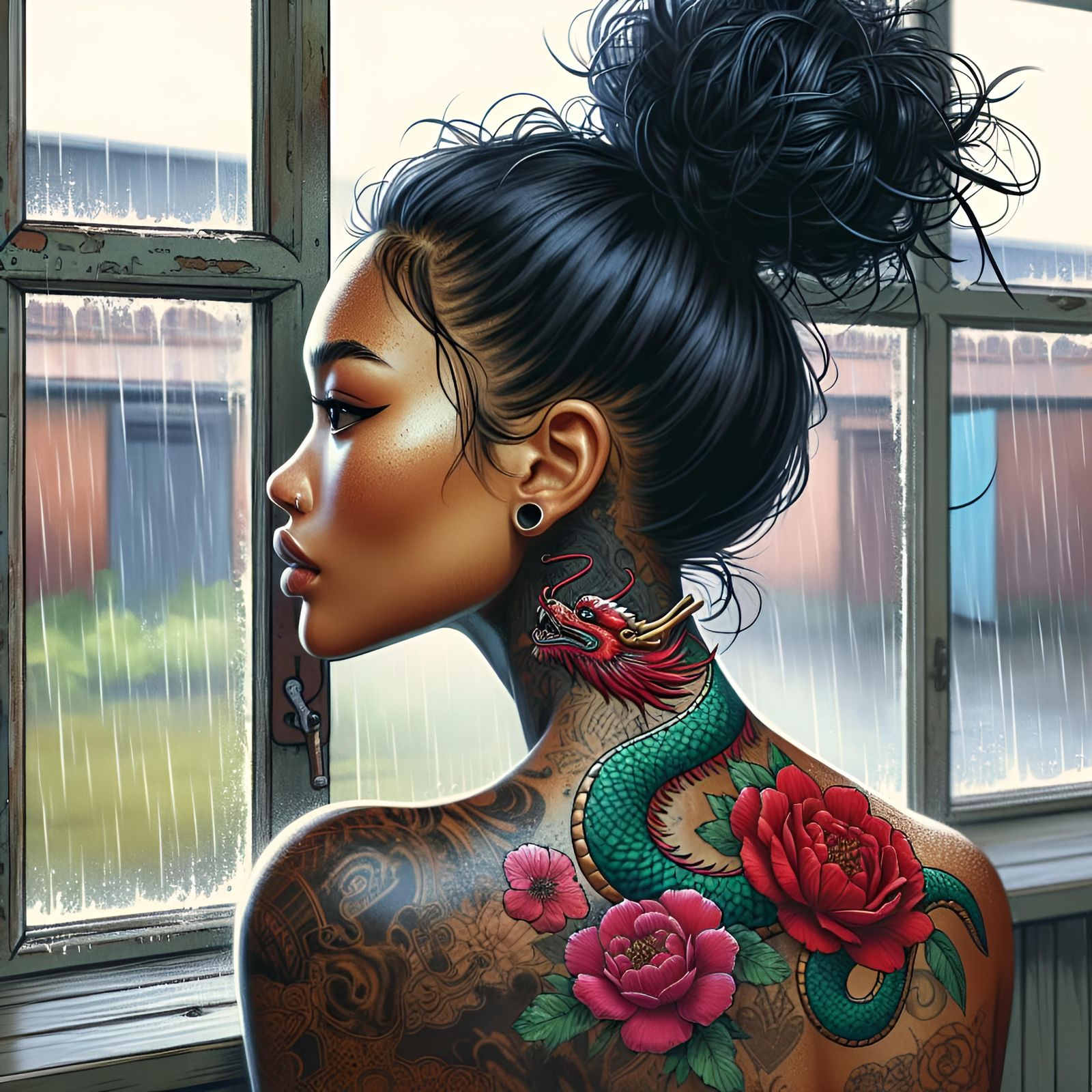 Woman with Dragon Tattoo in Street Art Style