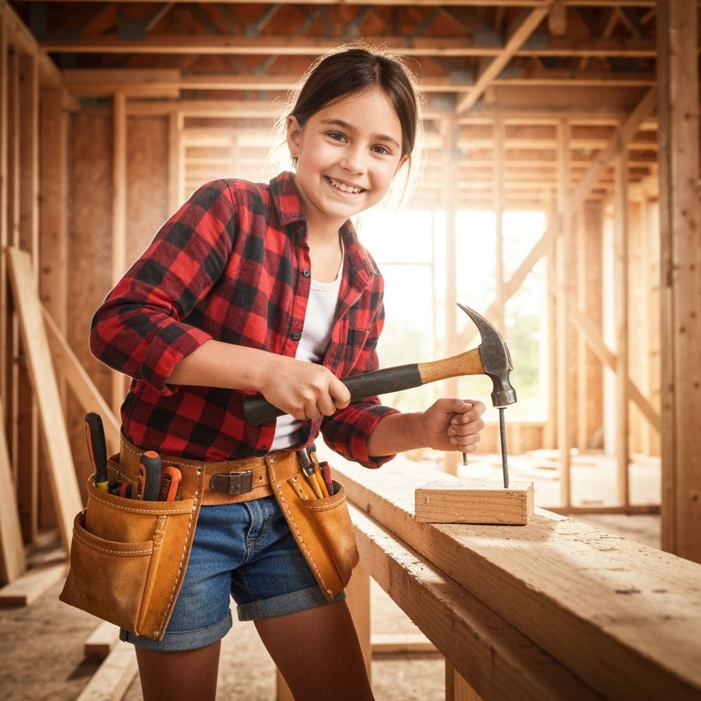 Young Carpenter Girl Drives Nail in Construction Site