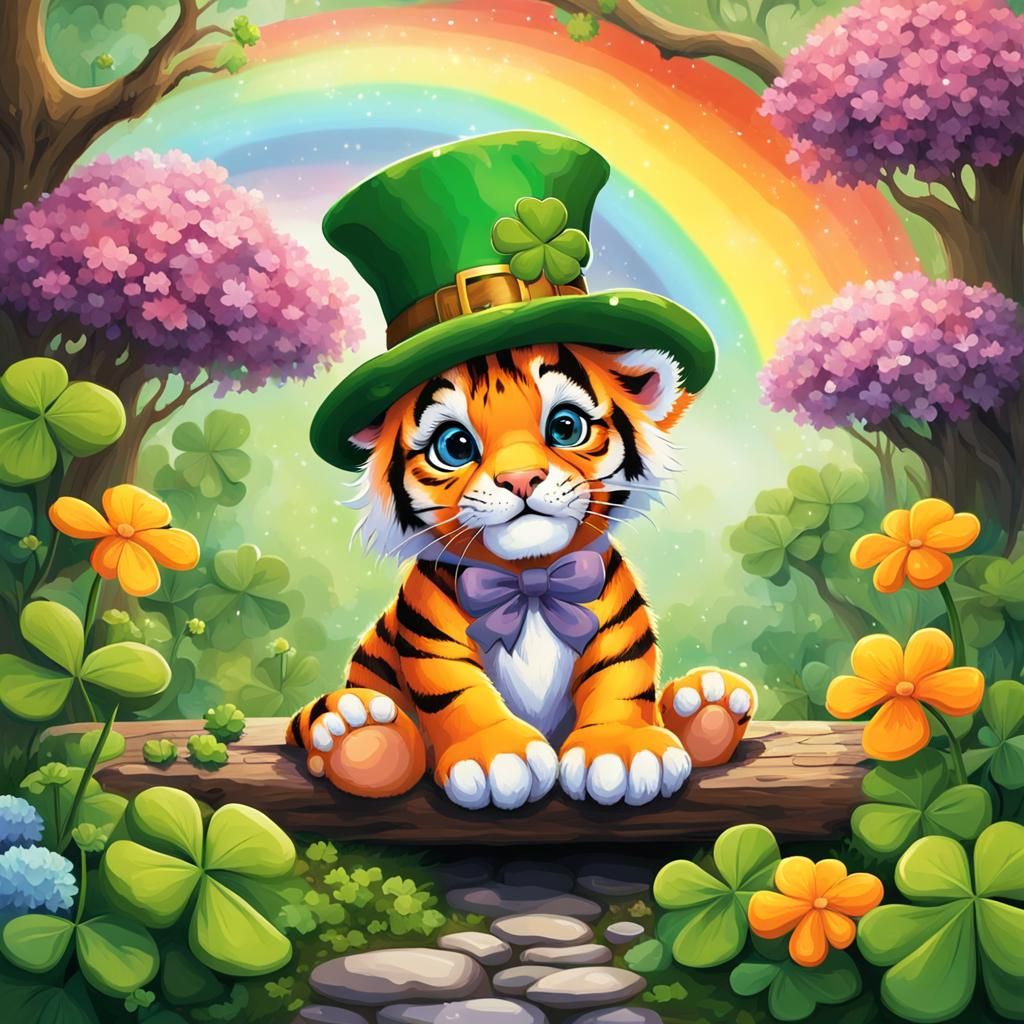 Leprechaun Tiger Cub in Clover Field, Expressionism
