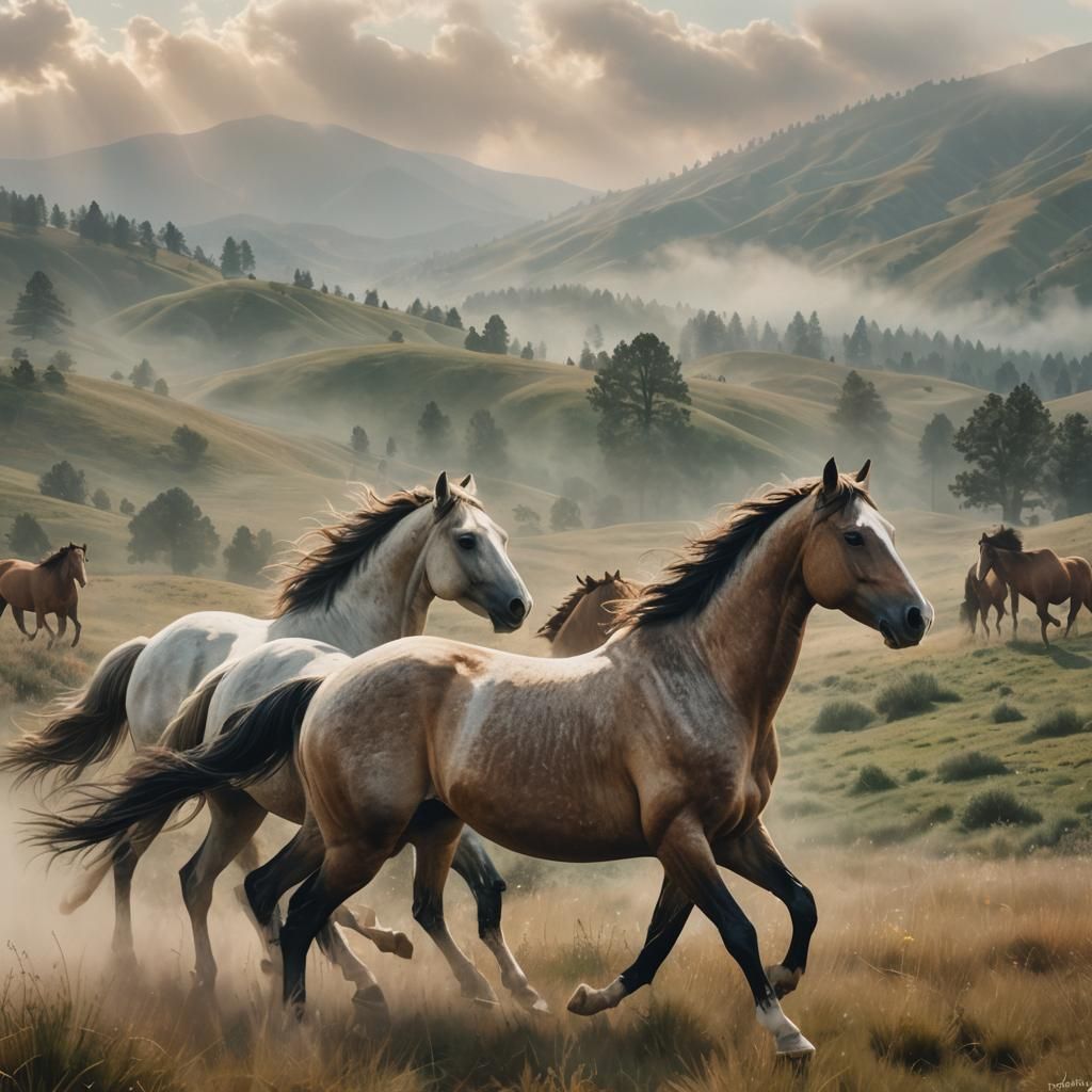 Majestic Horse Double Exposure Over Rolling Hills