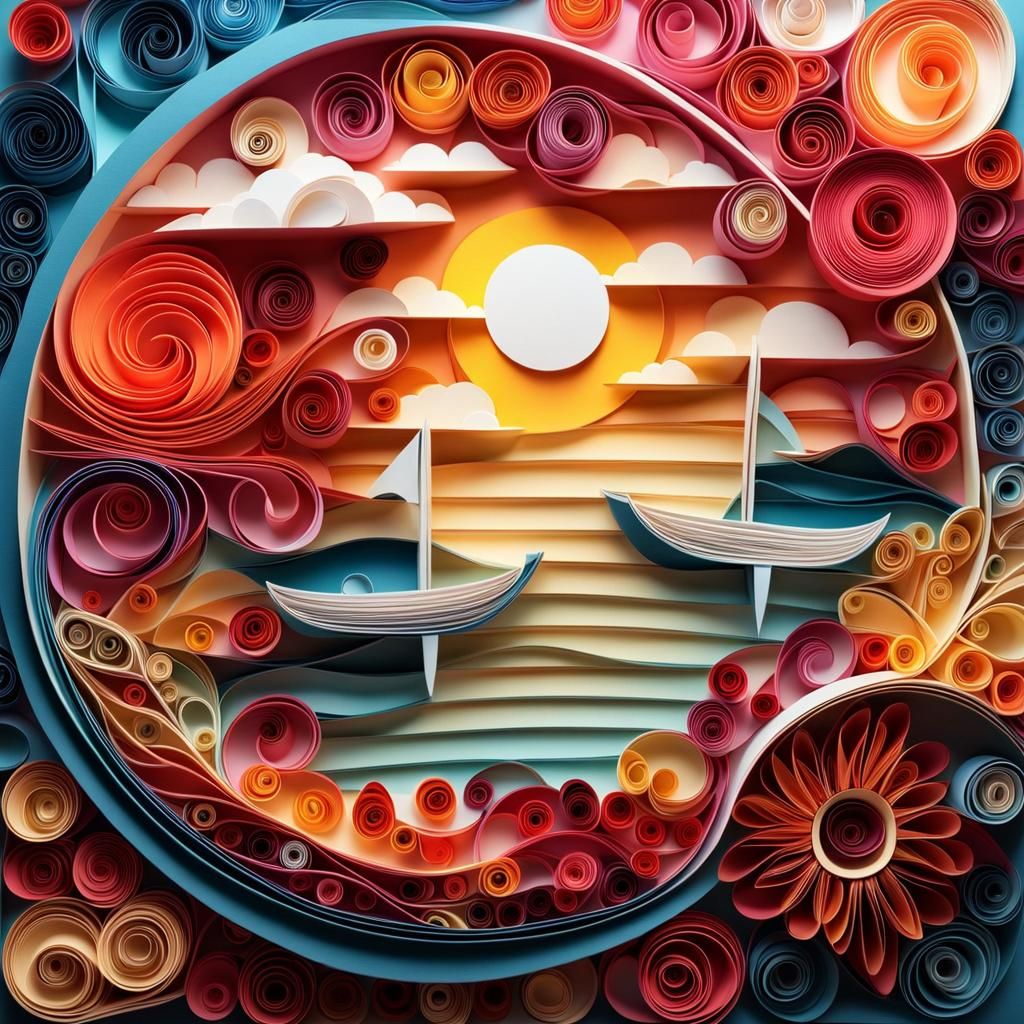 Papercraft Sunrise Over Marina, Detailed Quilling Art