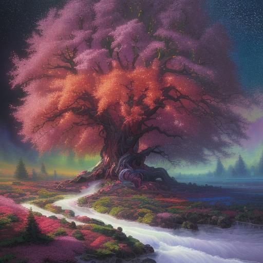 Magical Tree Landscape in Oil Gouache Style