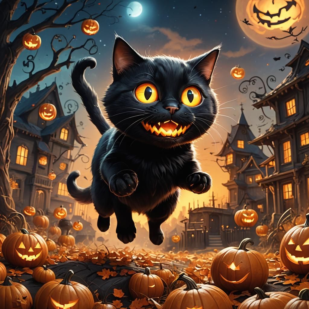 Cute Black Cat Leaps Over Jack-o'-Lantern