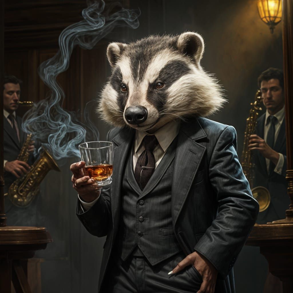 Grumpy Badger in Jazz Club, Hyperrealistic Digital Art