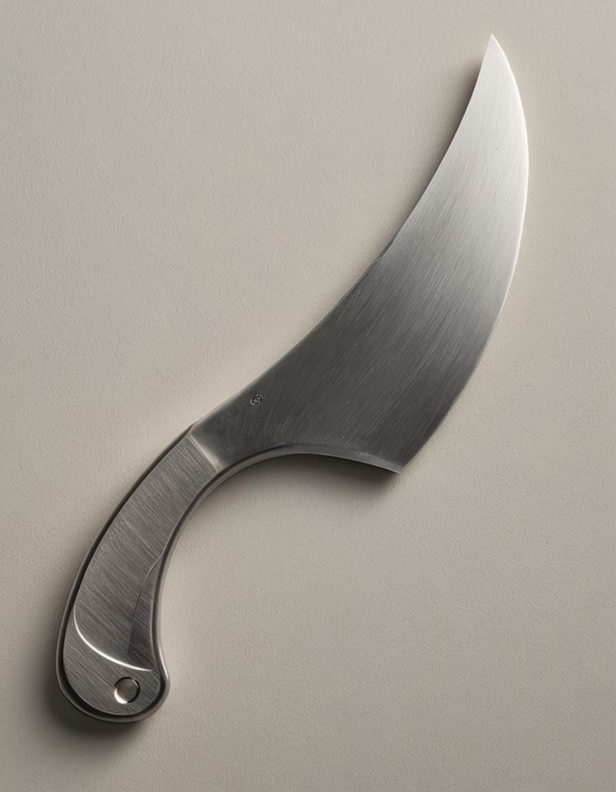 Simple curved knife with broad blade, on a plain light backg...