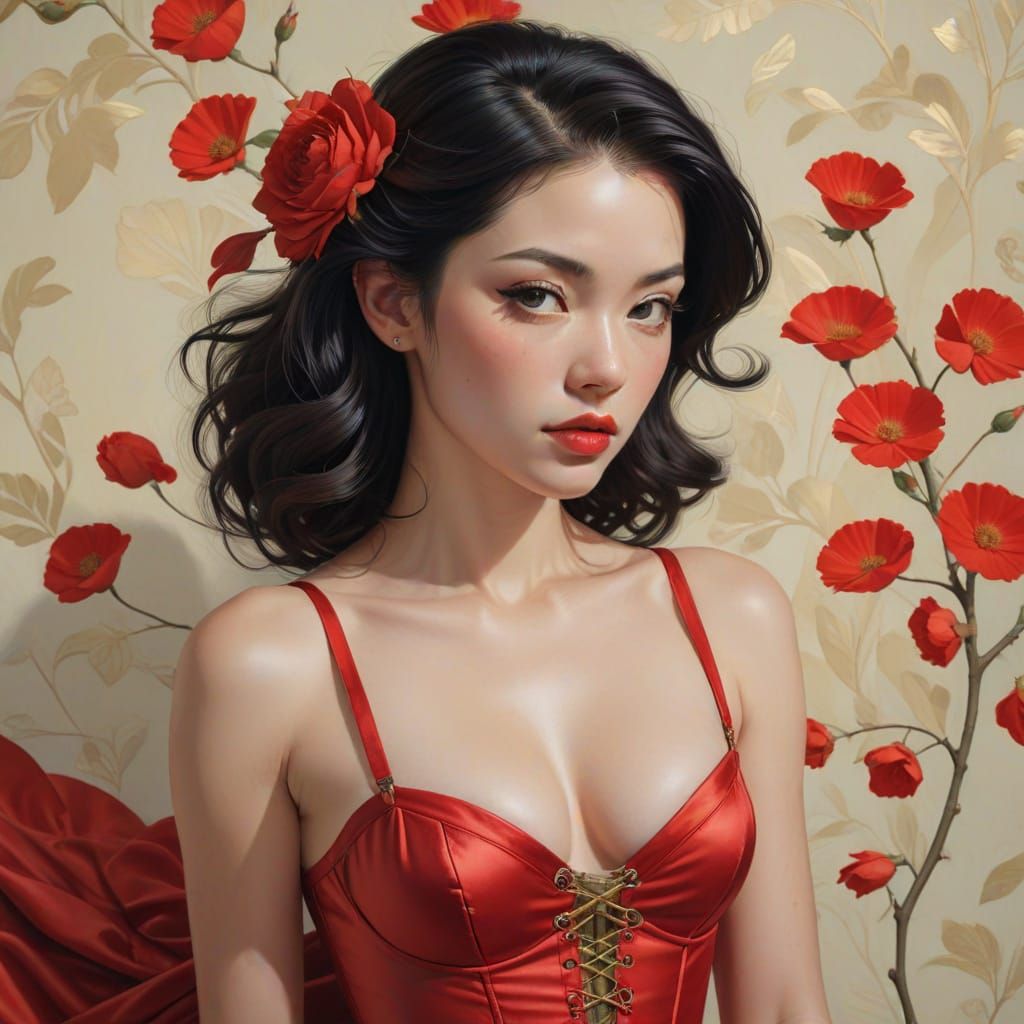 Hyperrealistic Pin-Up Model with Crimson Flowers