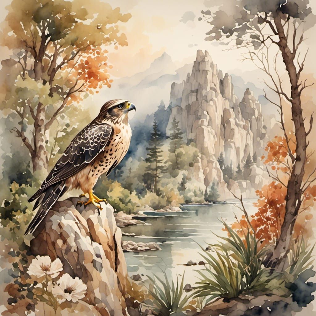Falcon in Stunning Naturescape: Antique Watercolor