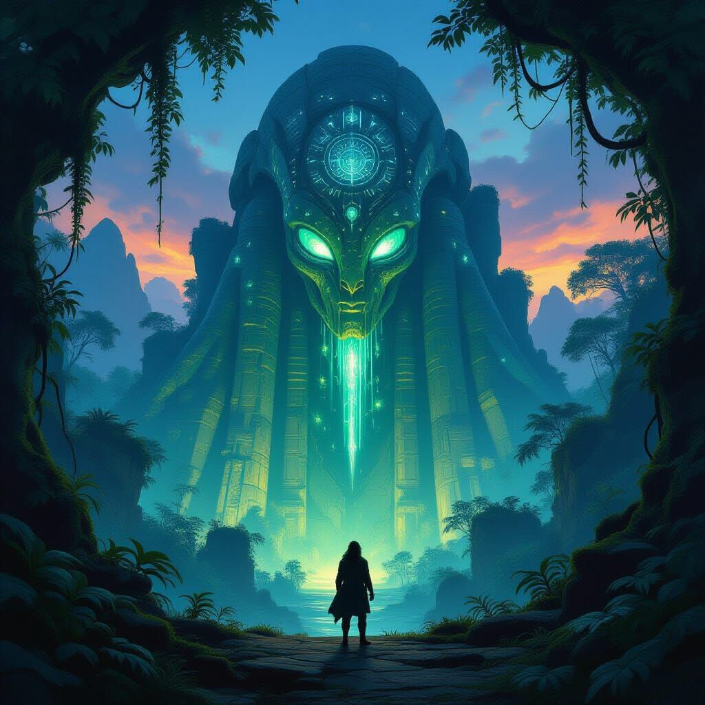 Ancient Alien Structure in Bioluminescent Jungle