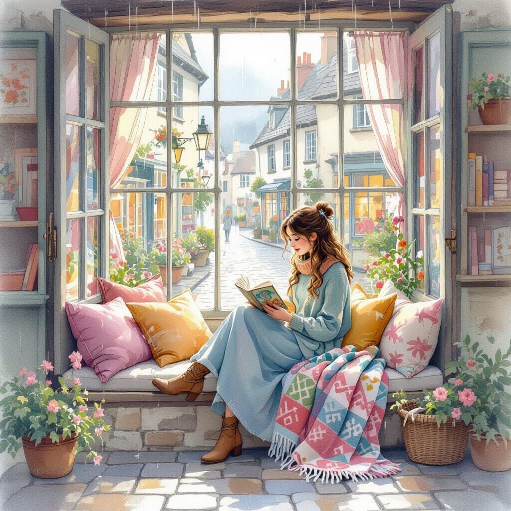 Cozy Window Seat Reading Nook in Watercolor Style