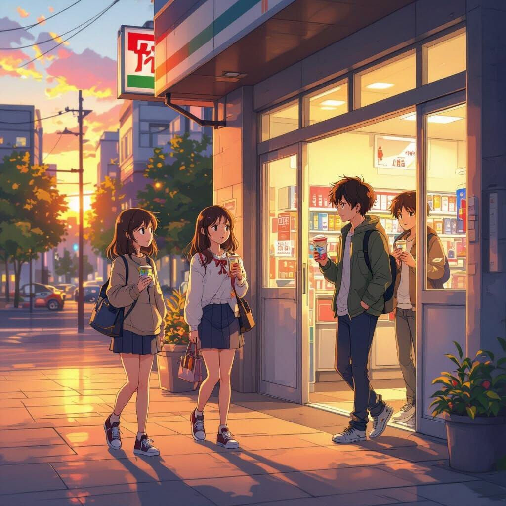 Anime City Sunset Scene with Friends