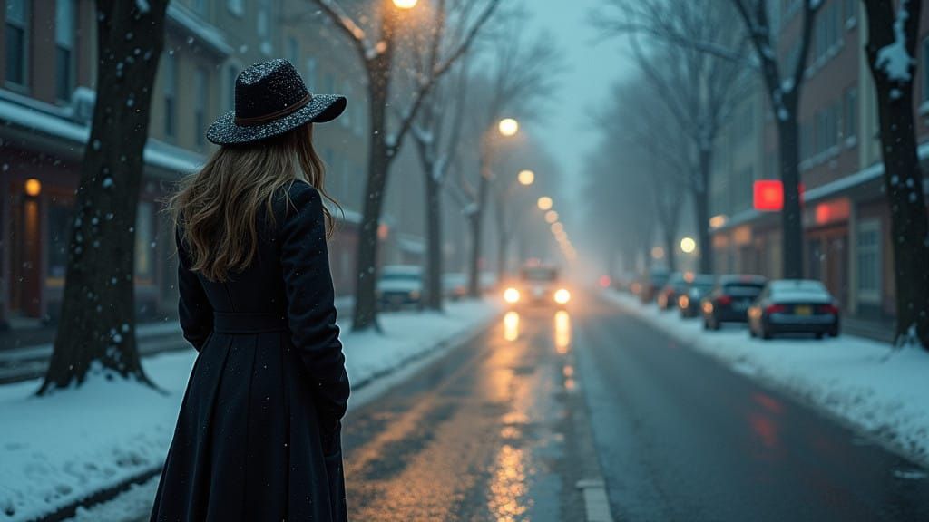 A Woman in Winter, Gazing Out at a Rain-Soaked Street, as Sn...