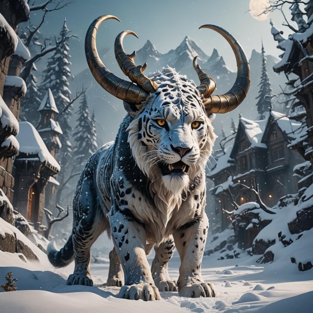 Snow Panther with Horns: Detailed Matte Painting