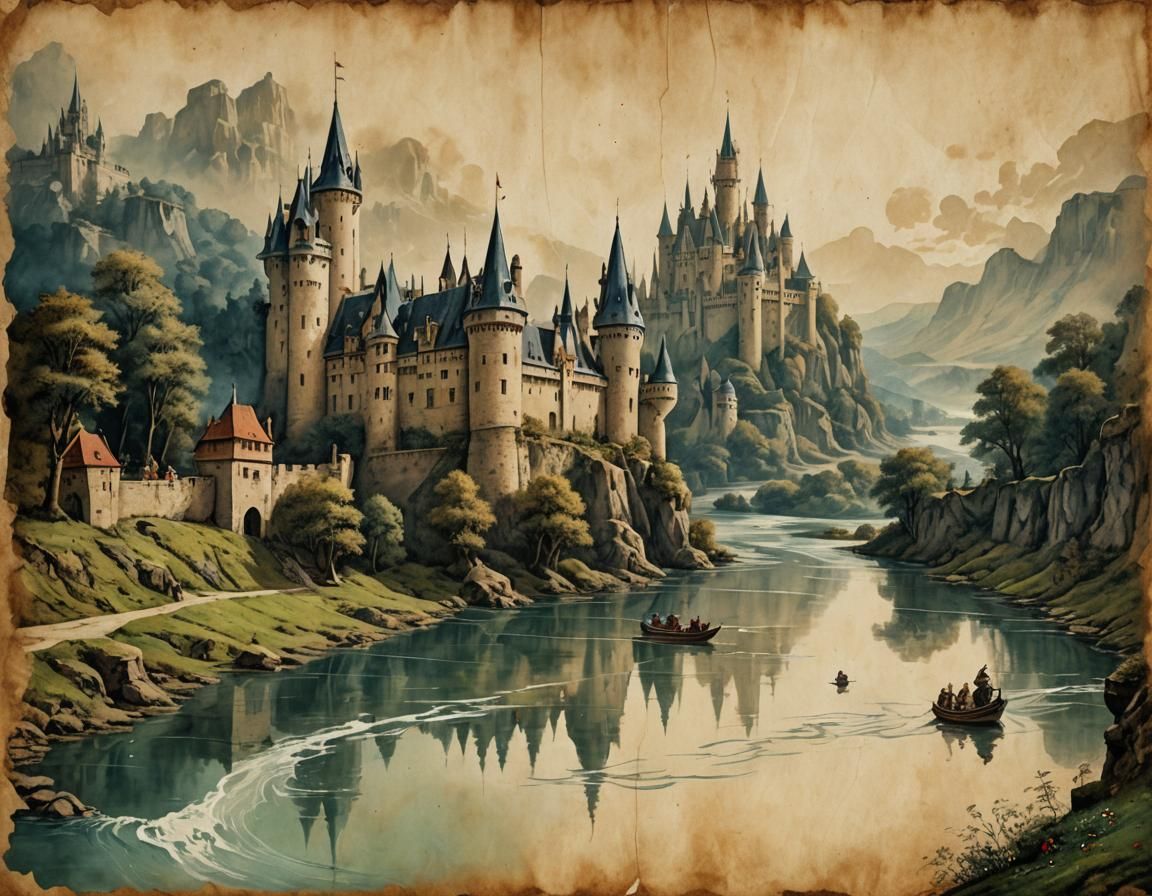Fantasy Castle on Vintage Parchment