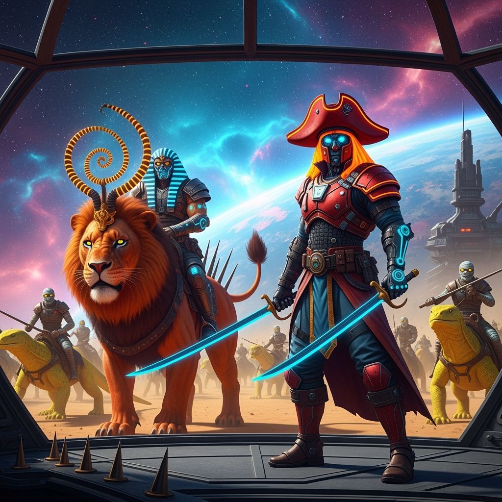 Sci-Fi Cyber Pirate in Neon Nebula Aboard Spaceship