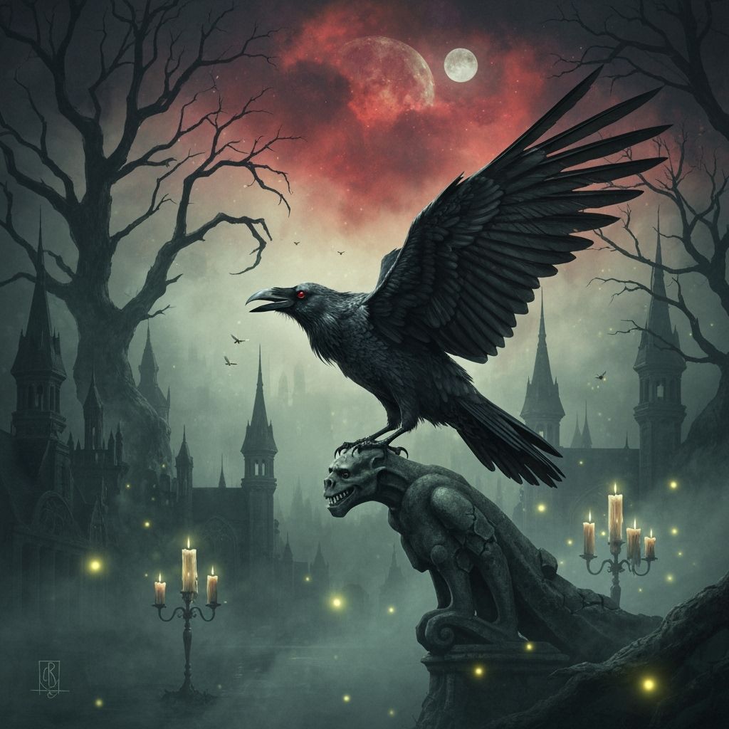Gothic Raven on Gargoyle Over Moonlit Cityscape