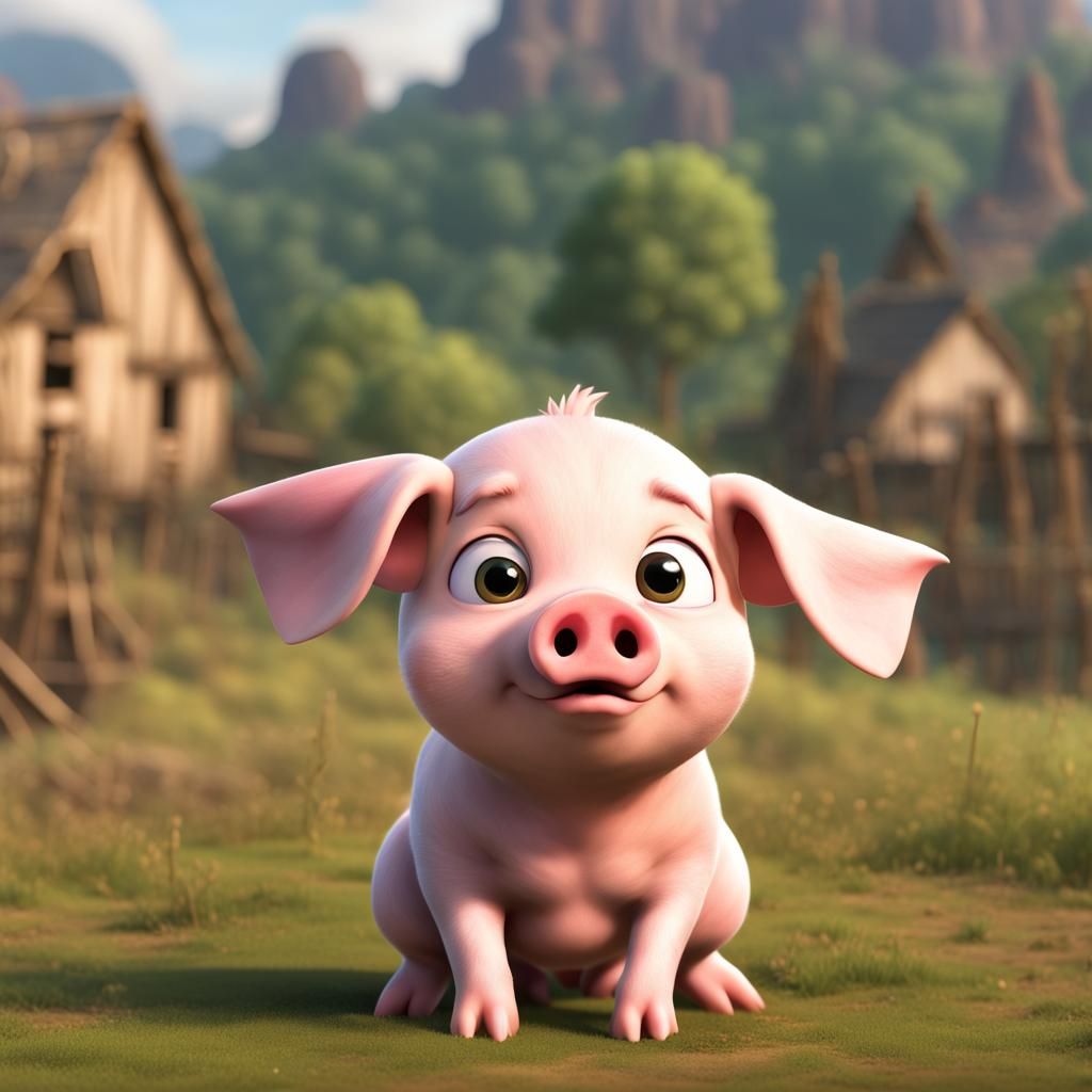 Cute Pig with Sad Eyes in Chibi Pixar Style