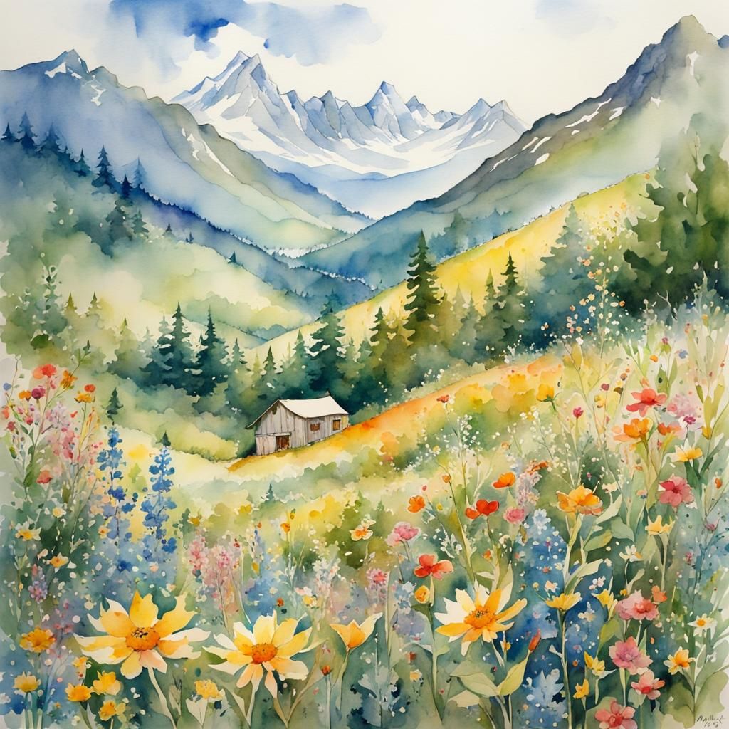 Whimsical Watercolor Valley Scene