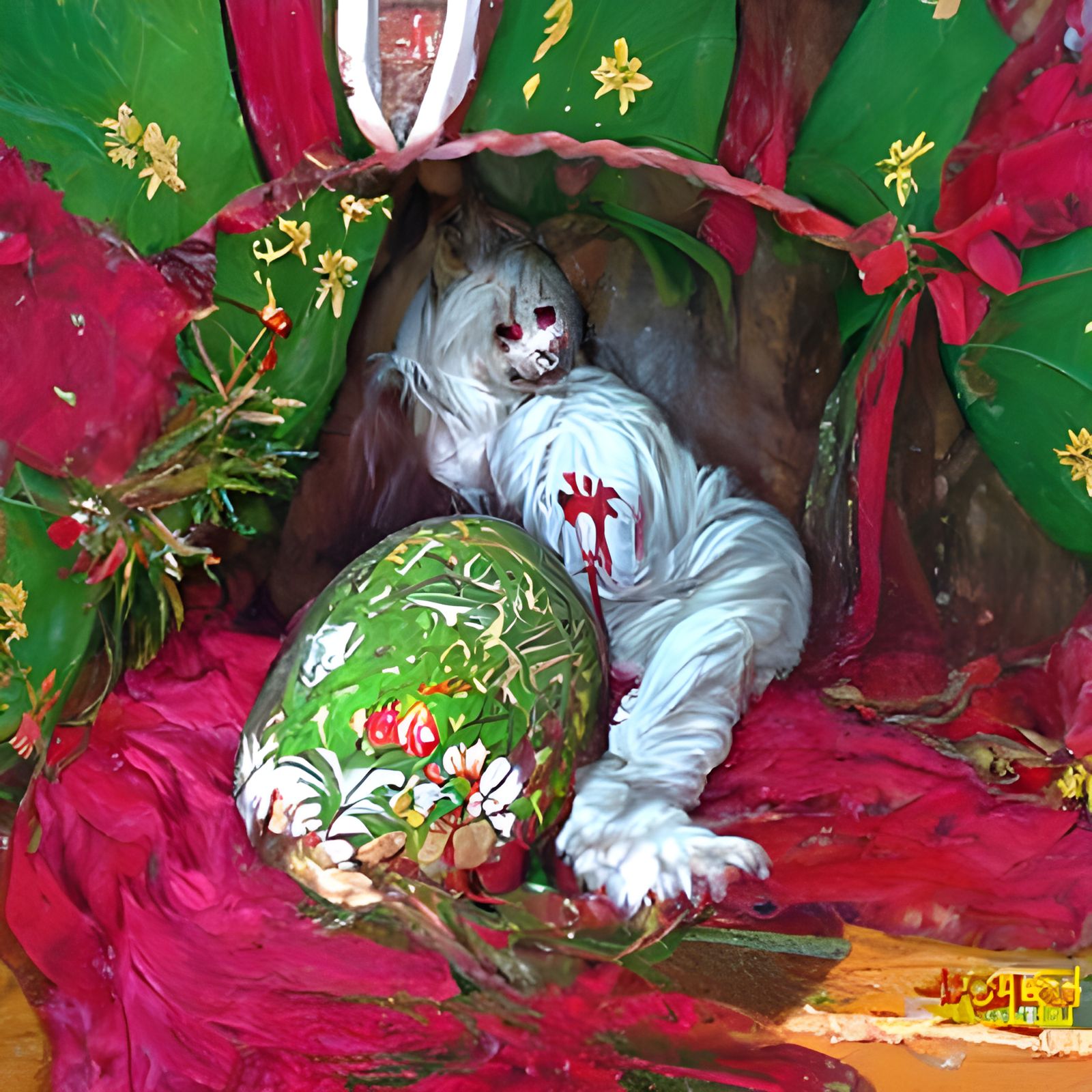 Horrific Easter Bunny Under Christmas Tree