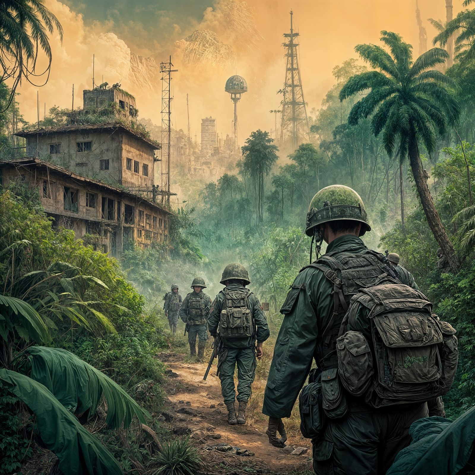 Dystopian Oil Painting: Soldiers Emerge to Ruin