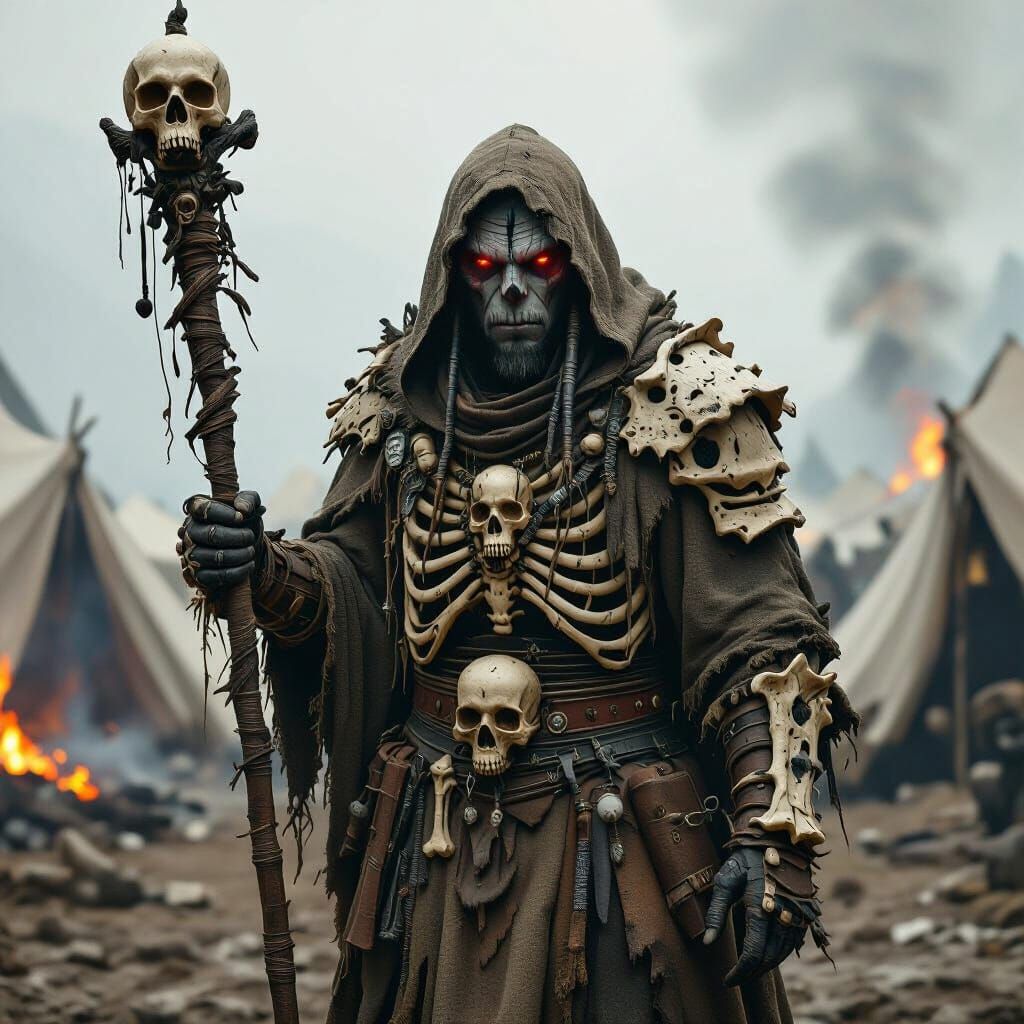 Orc Shaman in Burning Camp, Hyper-Realistic Bone Armor