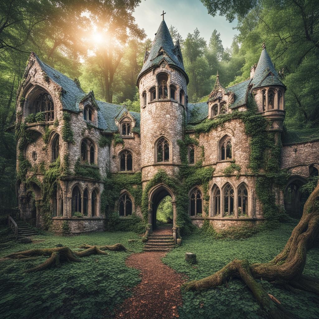 Hermosa mansión medieval abandonada en un bosque de cuento de hadas.