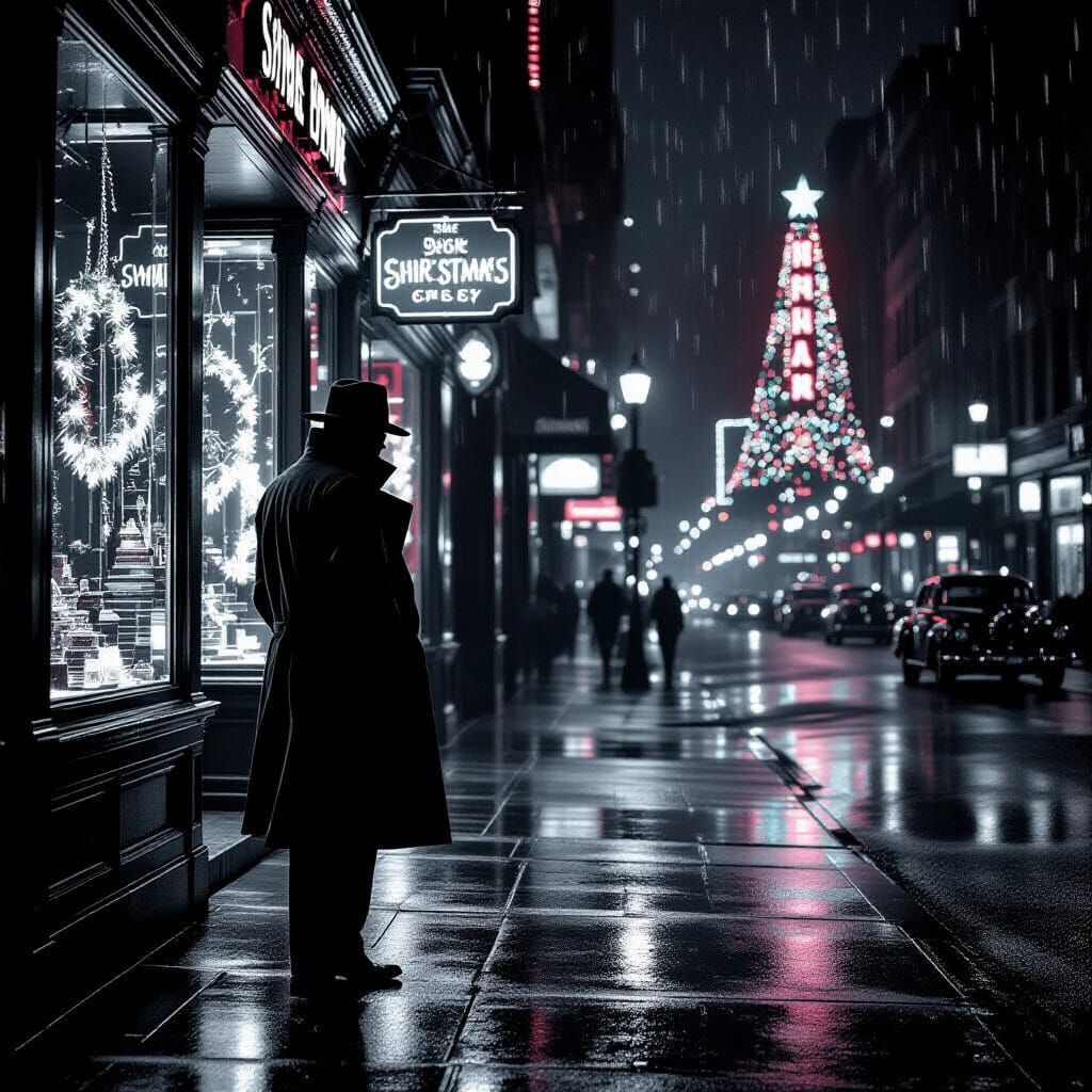 Rain-Slicked Noir Christmas Street Scene