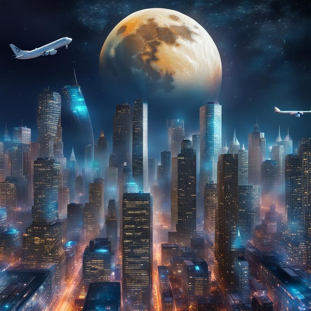 Night Cityscape with Moon in Cosmic Style