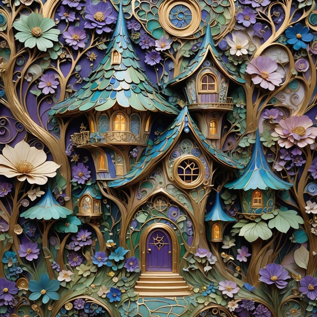 Art Nouveau Fairy House with Klimt-Inspired Floral Design