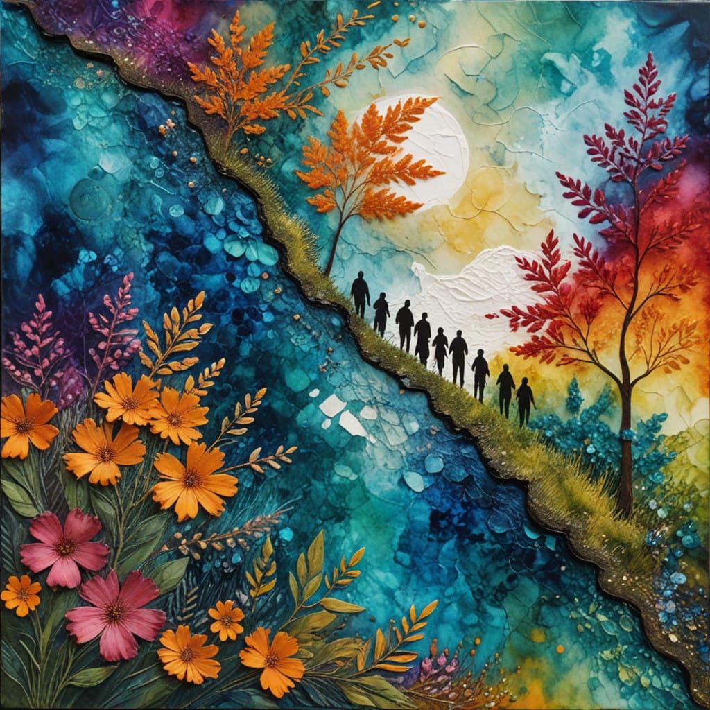 Vibrant Group Scene in Mixed Media Masterpiece