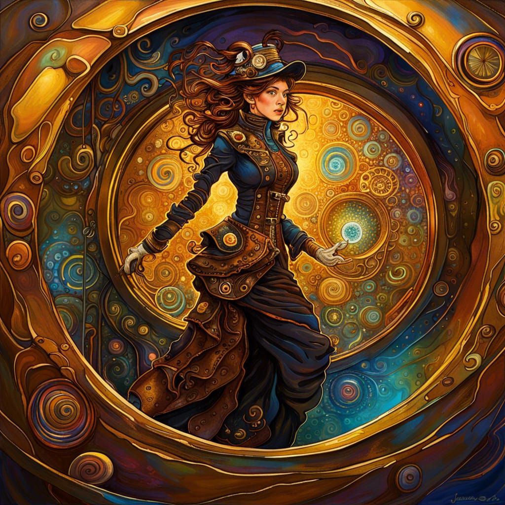 Steampunk Woman Emerges from Psychedelic Portal