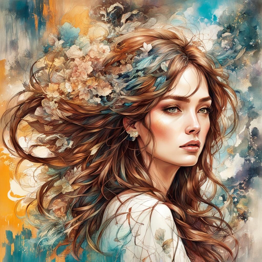 Portrait of Beautiful Woman with Wavy Brown Hair