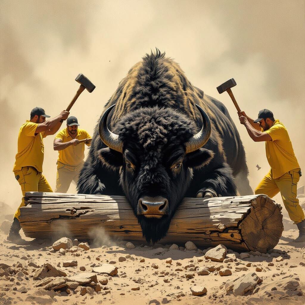 Buffalo Trapped by Log, Rescued by Men with Hammers
