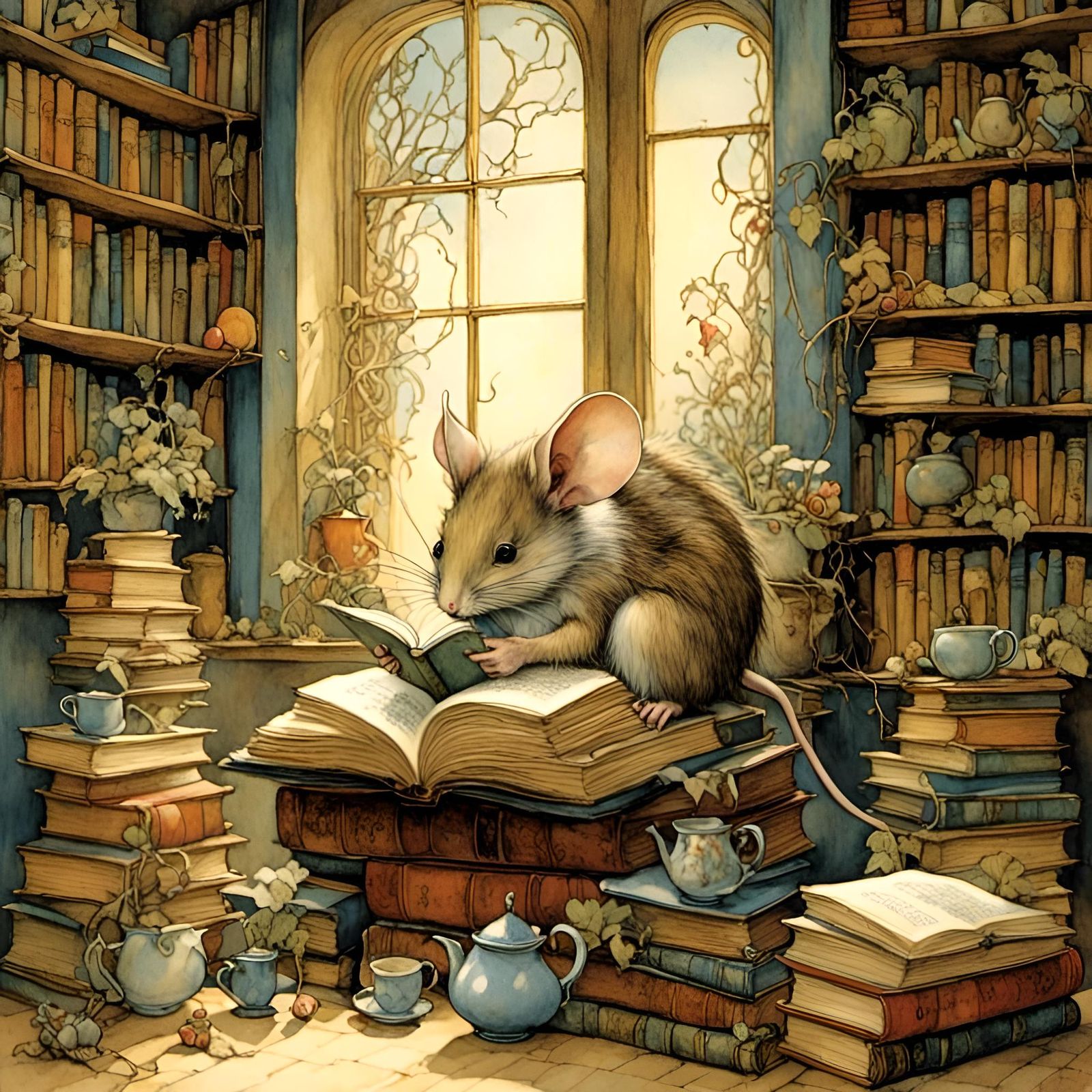 Mouse Reading Book in Library, Whimsical Illustration