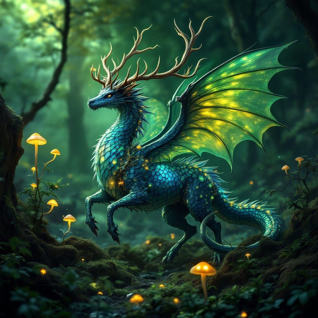 Majestic Dragon Deer Hybrid in Iridescent Scales and Elven W...