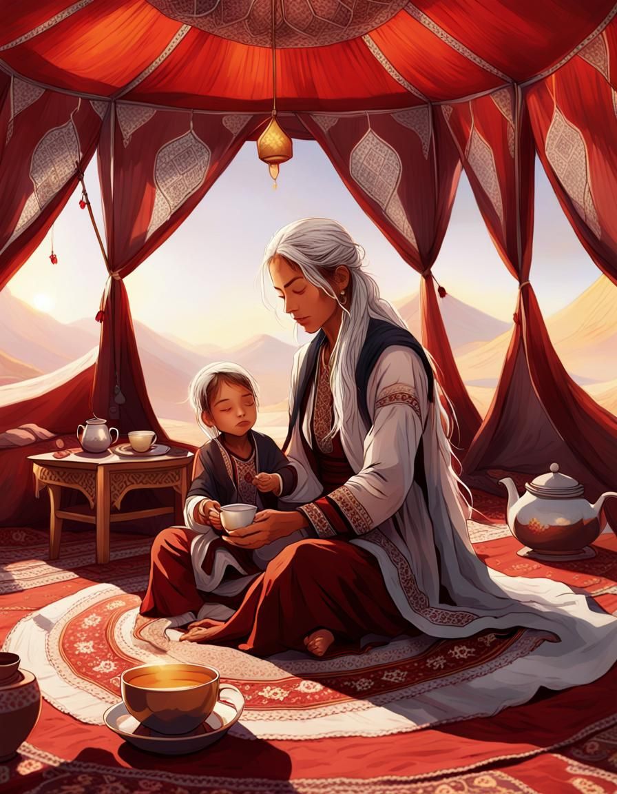 Nomadic Woman and Child in Tent, Matte Painting