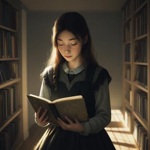 Girl Reading Poetry with Swirling Colors
