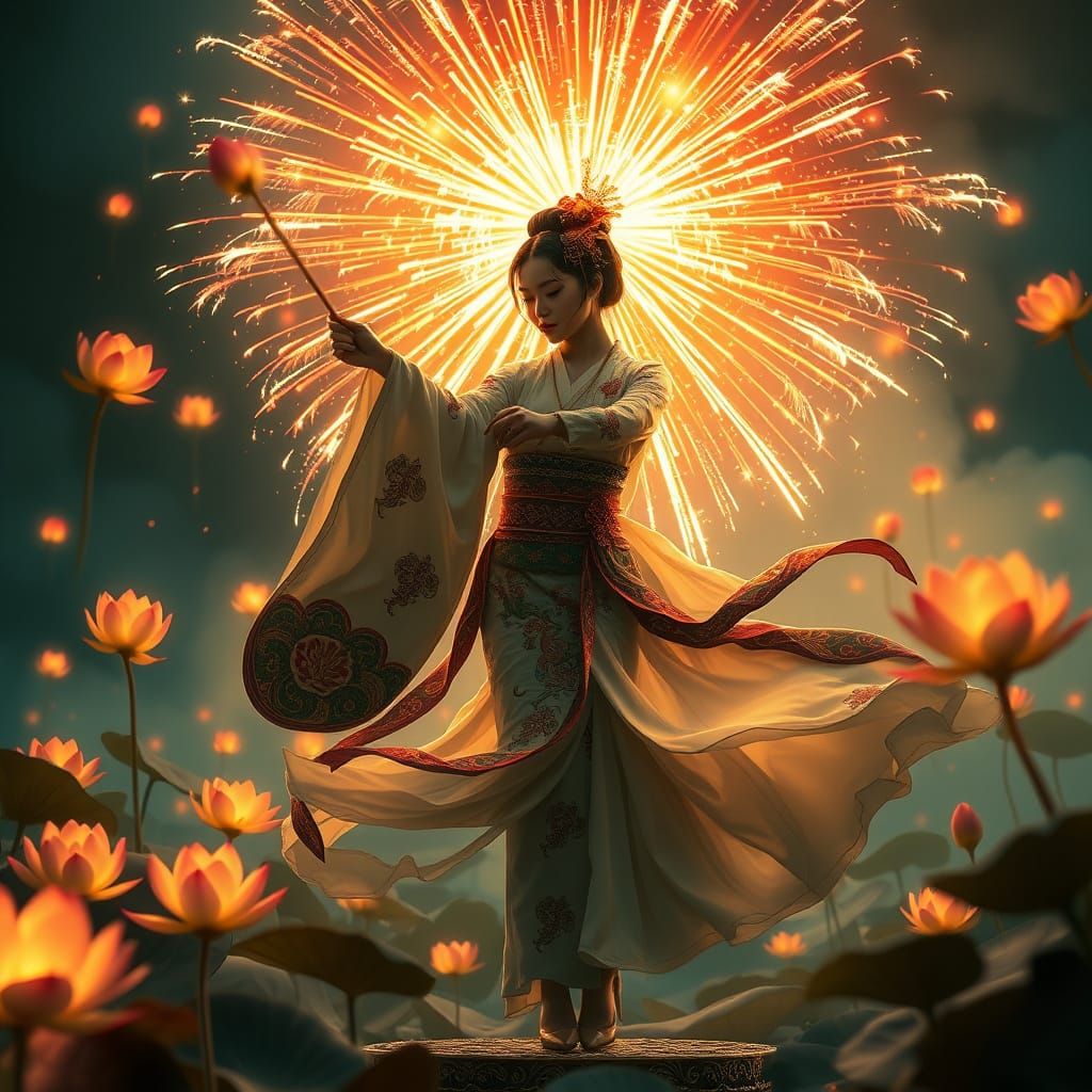 Geisha Dances Amidst Flying Lotuses and Fireworks
