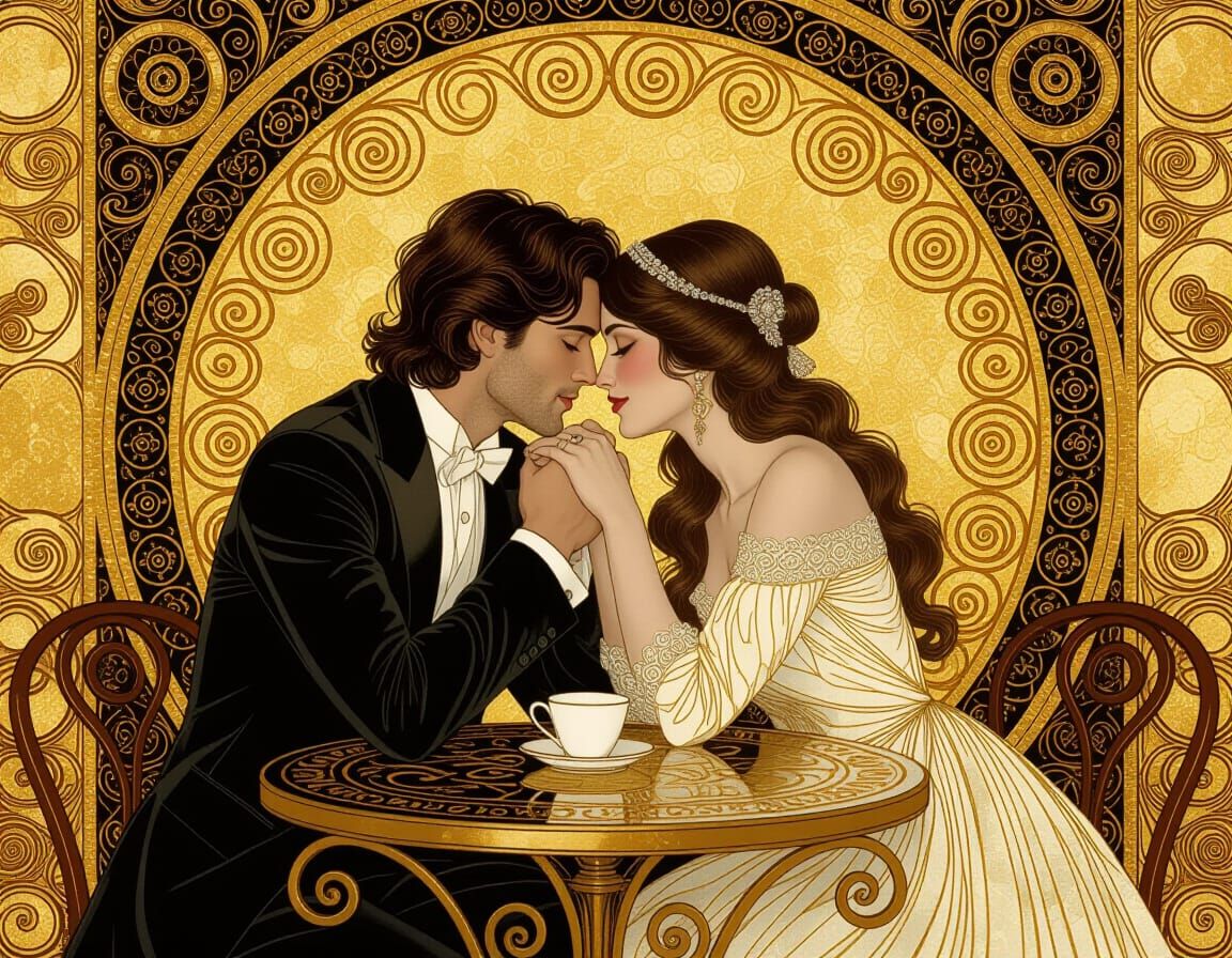 Couple in Love at Ornate Bohemian Cafe Table