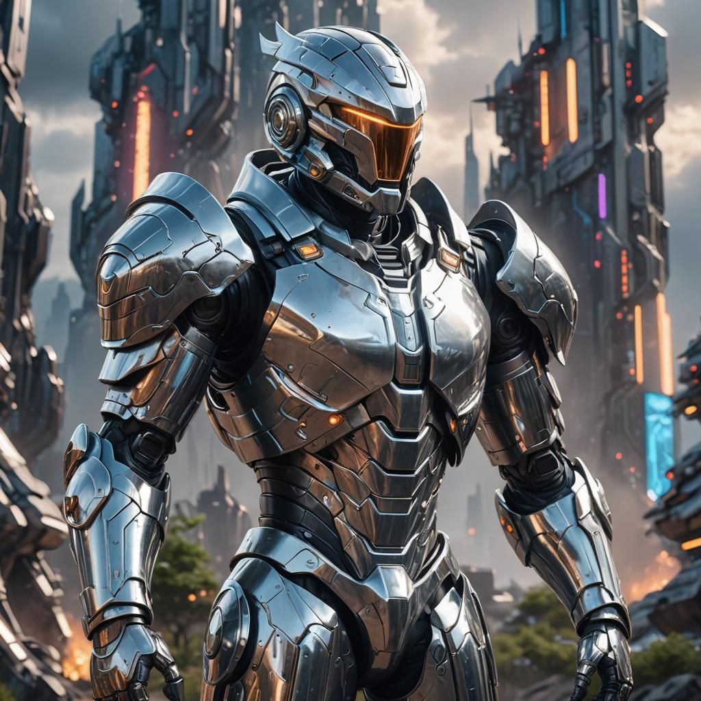 Futuristic Silver Warrior in Anime-Inspired 3D Rendering