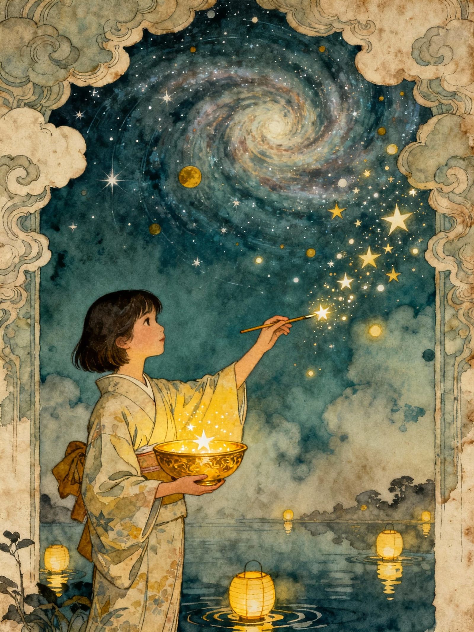 Girl Paints Stars into Night Sky in Art Nouveau Style