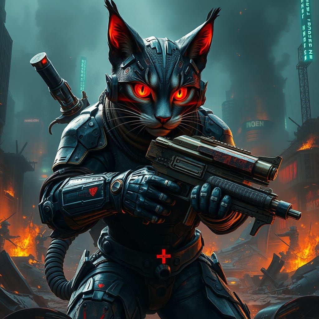 Cybernetic Warrior Cat Holds High-Tech Firearms in Dark War-...