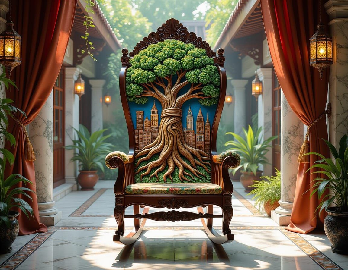 Intricate Carved Rocking Chair with City Tree, in Impression...