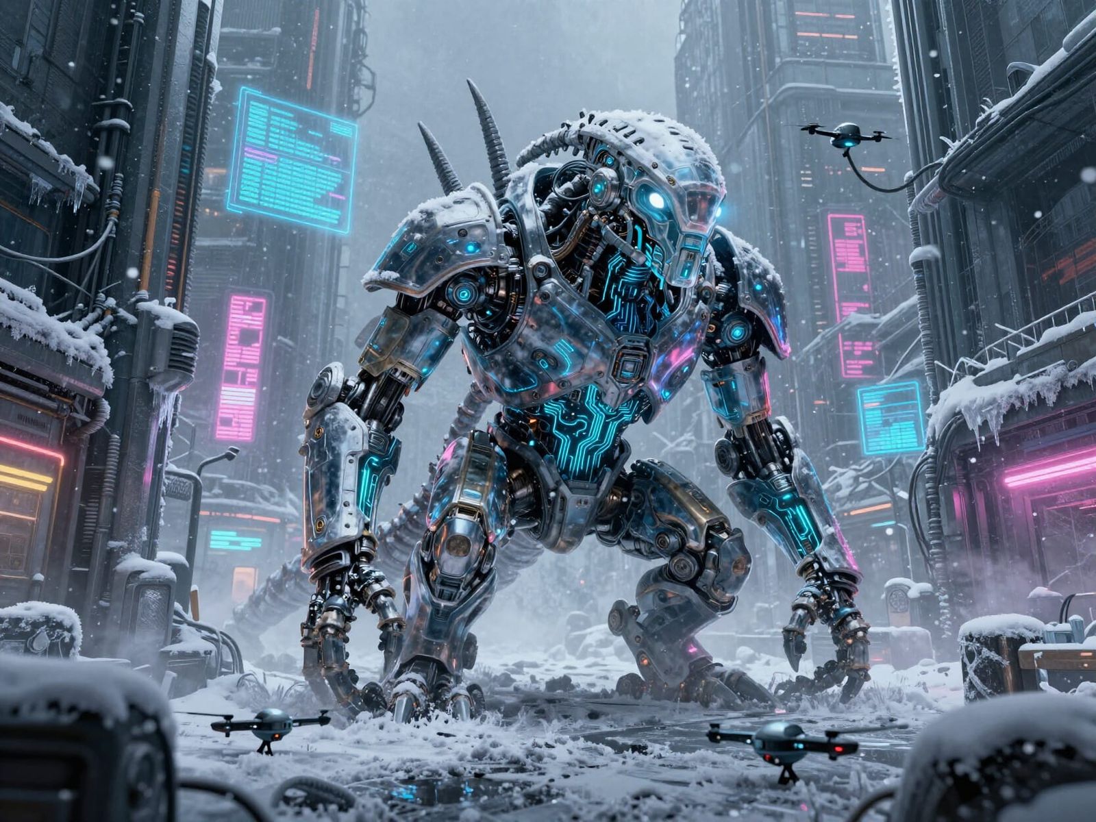 Colossal Tardigrade in Snowy Cyberpunk City