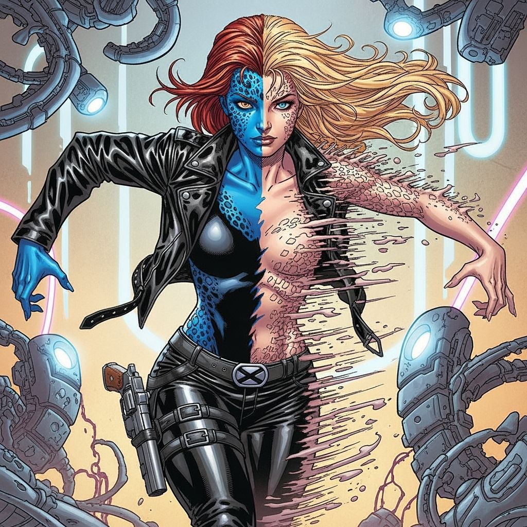 Mystique Mid-Transformation in Detailed, Vibrant Style