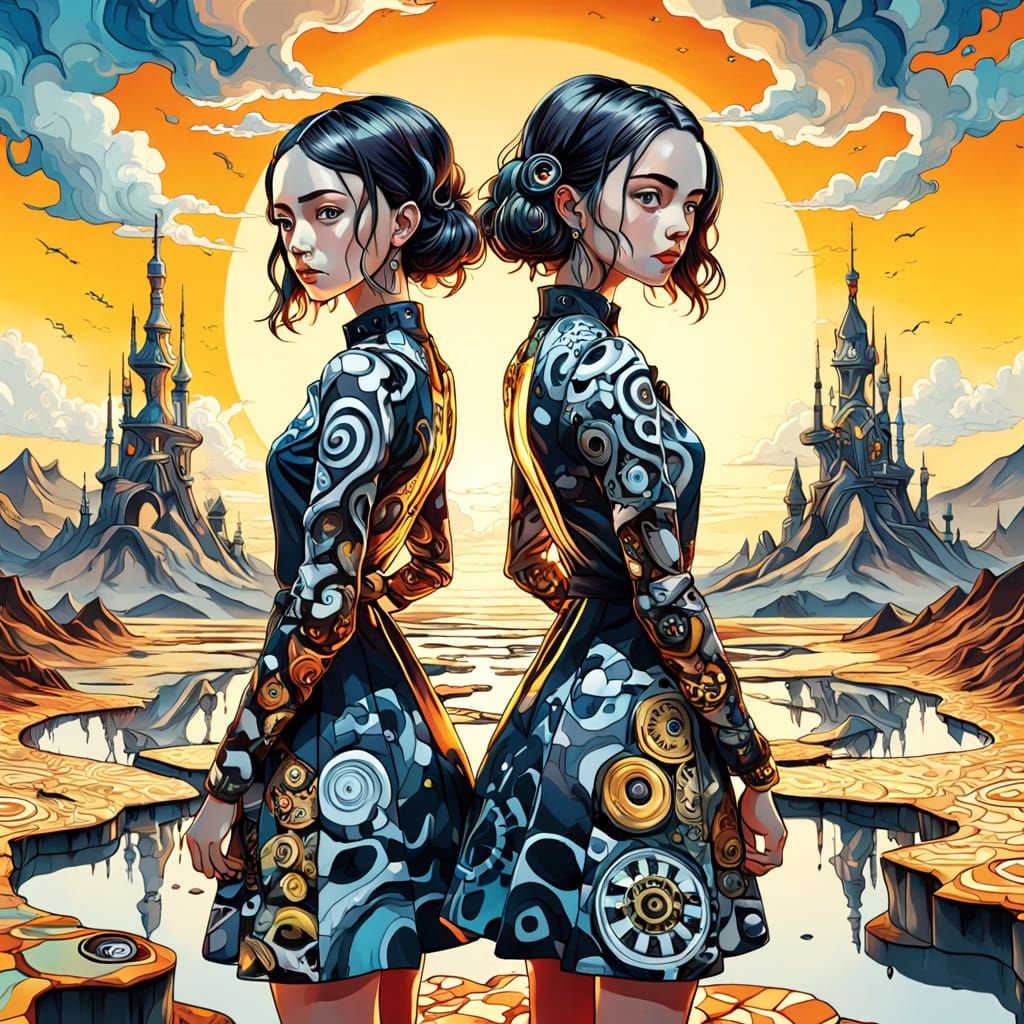 Surreal Woman and Mecha in a Melting Landscape