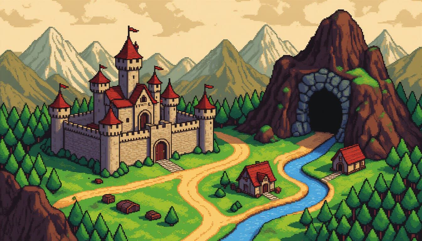 Retro Pixel Art RPG World Map