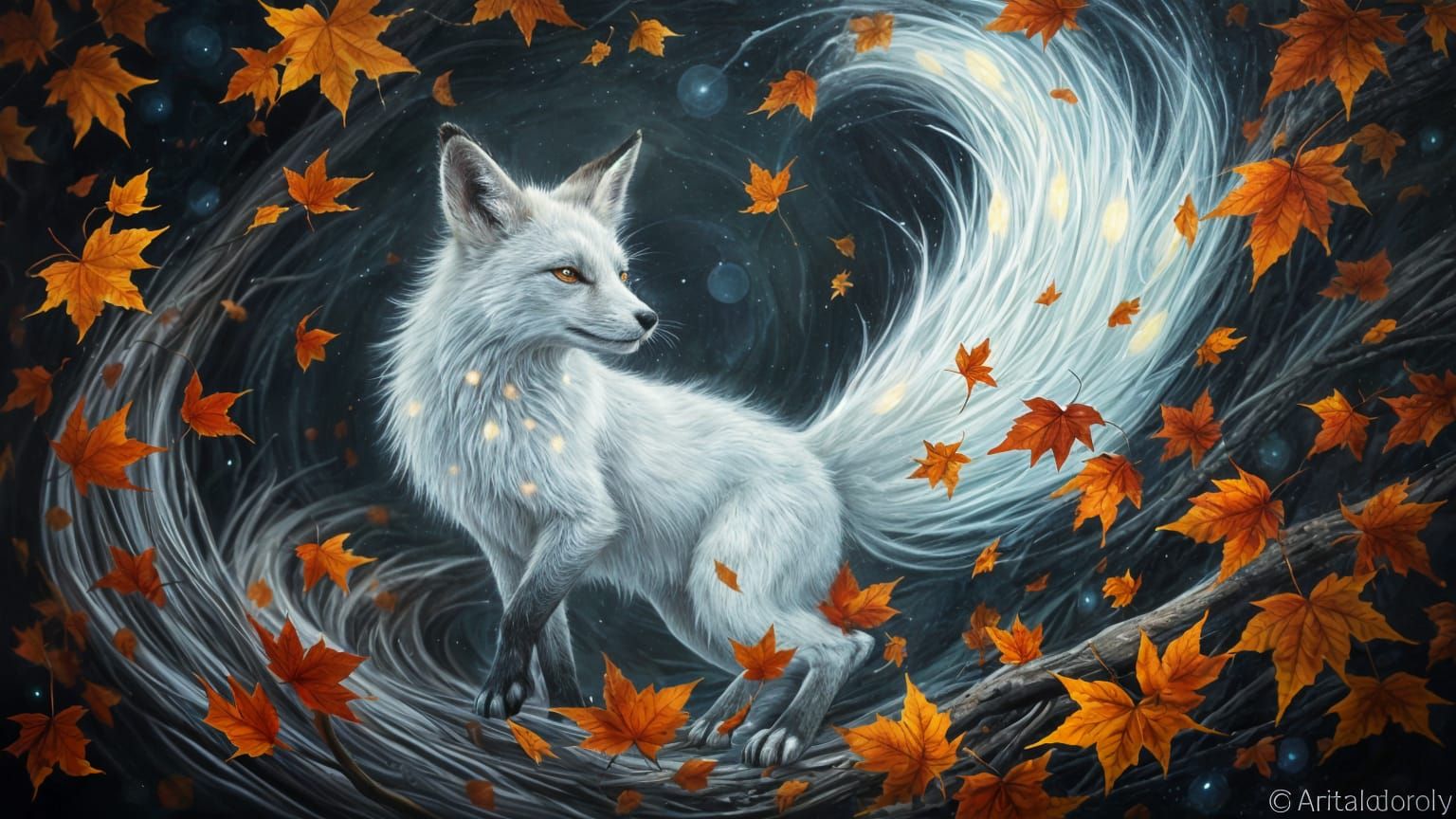 Bioluminescent Fox in Autumn Whirlwind Painting