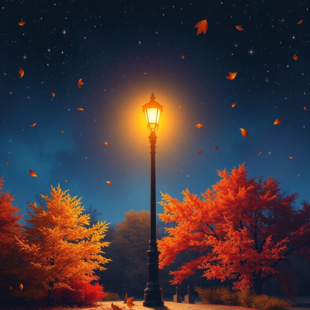 Golden Lamp Post Under Starry Autumn Sky